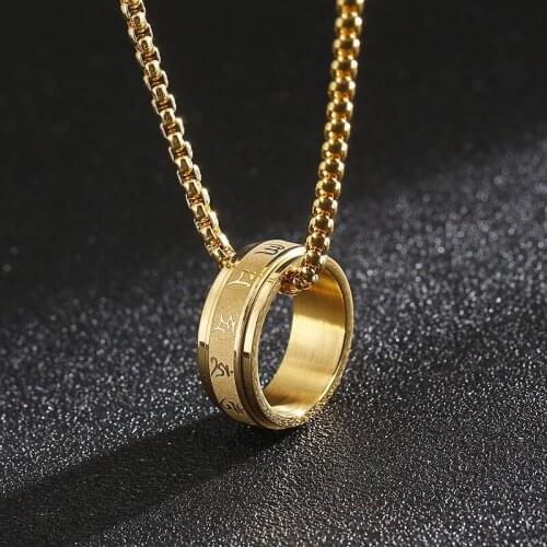 Personality creative mens six-character mantra Sanskrit religious titanium steel rotatable necklace pendant