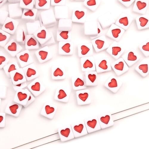 Red Love Heart White Acrylic Beads Square Loose Spacer Beads For Jewelry Making Handmade Diy Bracelet Necklace