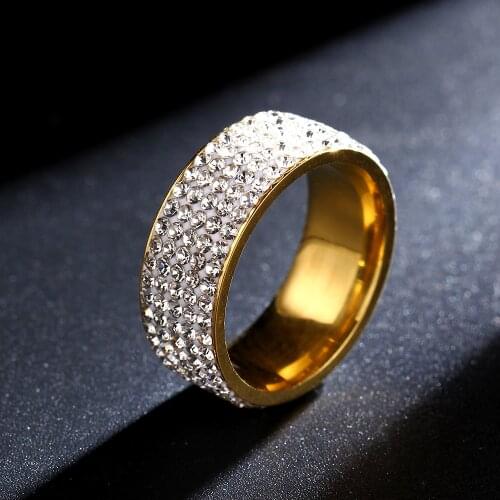 MANGOPIE 8mm Gold Stainless Steel Ring with Zircon Stone Rings for Women and Men Full Pave CZ Crystal