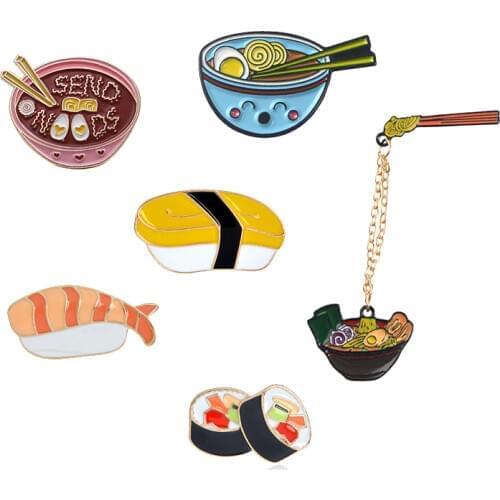 Cartoon Ramen Sushi Enamel Pins Cute Japanese Foods Tonkotsu noodles Brooches Denim Shirt Collar Lapel Pins Badge Jewelry Gifts
