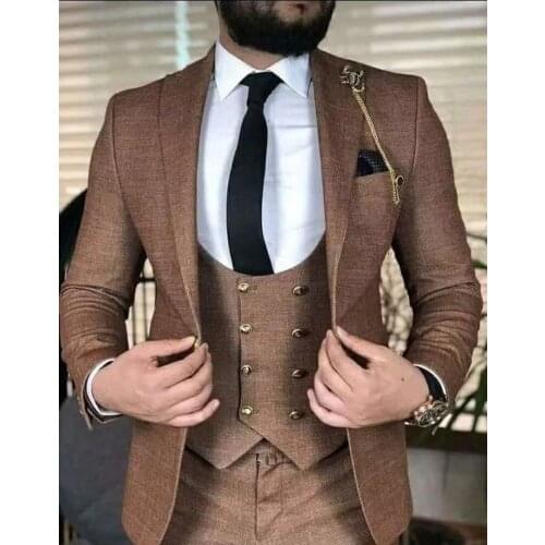Costume Homme 3 Pieces Brown Groom Tuxedos Men Wedding Suits Peak Lapel Groomsmen Wear Evening Prom Blazer Terno Masculino