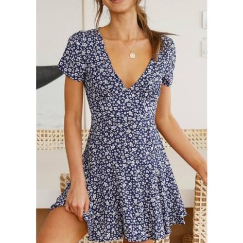 Musuos Summer Boho Beach Mini Dress Women Dots Flower Printing Deep V Neck Short Sleeve High Waist Party Holiday Sexy Vestidos
