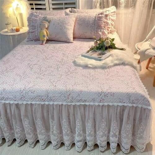1/3Pcs Luxury Floral Princess Bedding 100% Cotton Quilted Lace Ruffles Bed Skirt Mattress Cover Bedspread Pillowcase Nordic Size