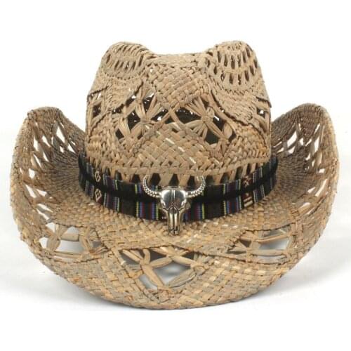 100% Natural Straw Womem Men Hollow Western Cowboy Hat With Roll Up Brim Summer Sombrero Hombre Lifeguard Hats Size 56-58CM