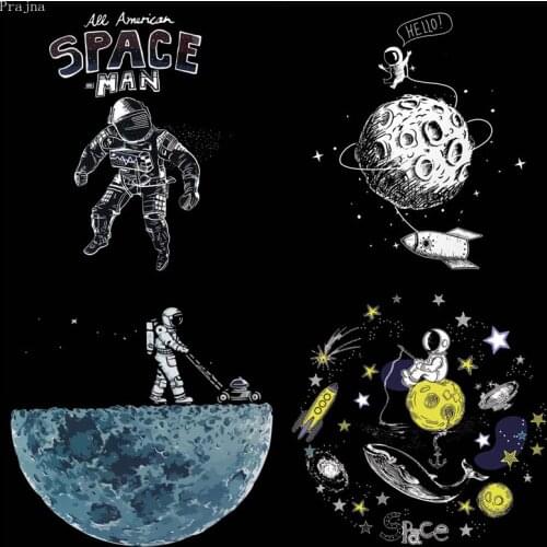 Prajna Space Astronaut Patch Heat Transfer Vinyl Iron On Transfer For Clothing Planet Moon Thermal Stickers On Clothes Appliques