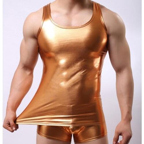 Summer Sexy Tops Men Solid Color Sleeveless Low-cut Faux Leather Slim Vest Gym Summer Sports Fitness Men Tracksuit