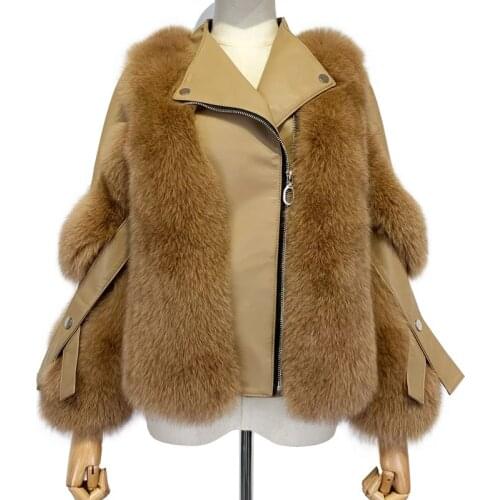 Womens Real Fox Jacket Ladies Natural Fur Coat Splicated with Leather Fluffy Warm Winter Garment