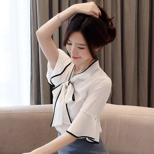 Summer Women Korean Bow Tie Chiffon Blouse Trumpet Sleeve Casual Shirts Pullover Ruffles Women White Tops Clothes Fashion