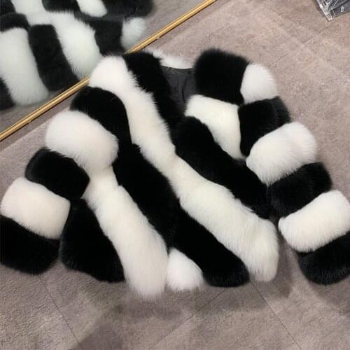 Ladies White and Blace Natural Fox Fur Jacket Women Real Fur Coat