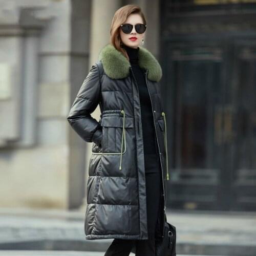 Fashion Genuine Leather Duck Down Jacket Women Winter Fox Fur Collar Long Sheepskin Coat Female Real Leather Down Jackets 3728