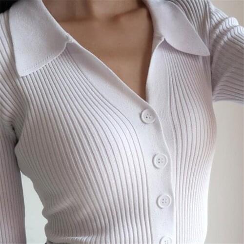 Small lapel slim slimming pits buttoned sexy V-neck long-sleeved knit bottoming shirt cardigan sweater women Polo for women y2k