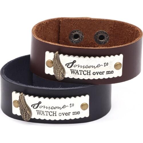 Vintage Wing Black Punk Handmade Wide Real Leather Men Bracelets Women Vintage Cuff Bangle Male Homme Jewelry Accessories