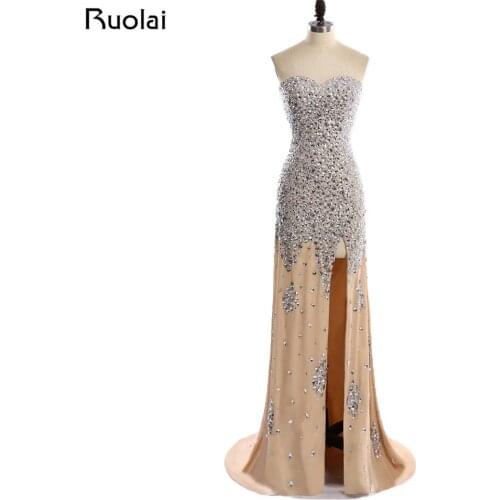 Luxury Beaded Vestido de Festa 2019 Off the Shouder Mermaid Prom Dresses Long Evening Dresses with Crystal Slit Side Sexy PD37