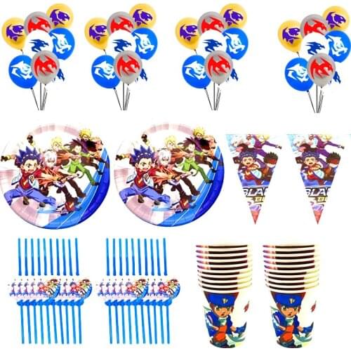 100pcs/lot Beyblade Burst Theme Banner Plates Kids Favors Cups Dishes Baby Shower Decorate Latex Balloon Birthday Party Straws