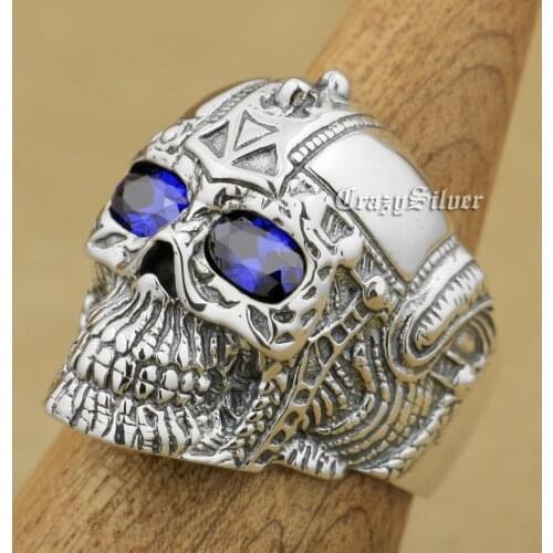 925 Sterling Silver Purple CZ Eyes Gothic Tattoo Skull Mens Boys Biker Rocker Punk Ring 9G305 US Size 7 to 15