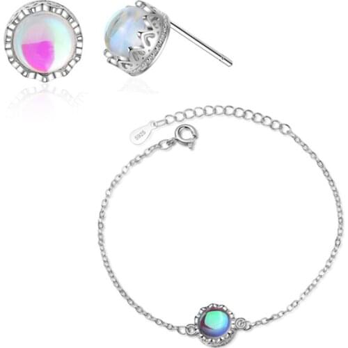 Vintage Moonstone Crown Bracelets For Women Jewelry Cute Stud Earrings Girls Jewelry Set Fashion Princess Valentines Day Gift