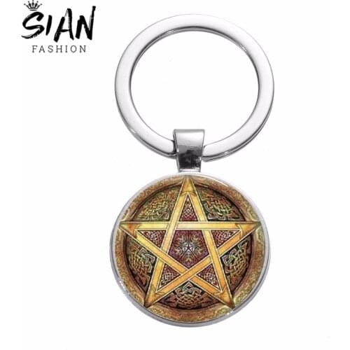 SIAN Gold Supernatural Pentagram Evil Power Keychain Movie Witchcraft Pentangle Glass Round Unisex Metal Keyring Amulet Llaveros