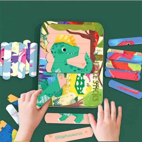 Kids Animal 3D Wooden Puzzle Montessori Toy Double-sided Strip Puzzle Telling Story Stacking Jigsaw Educational Toy For Children