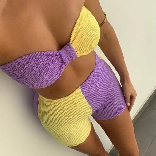 DSMTRC 2021 Newest Patchwork Two Color Casual 2 Piece Sets Women Tube Top Vest+Bicker Shorts Matching Set Athleisure Outfits