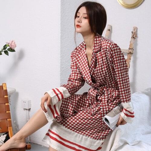 Winter Robes for Women Bathrobe Sleepwear Kimono Nightwear Print Plaid Satin Warm Sexy Casual Leisure Full Sleeve Breathable
