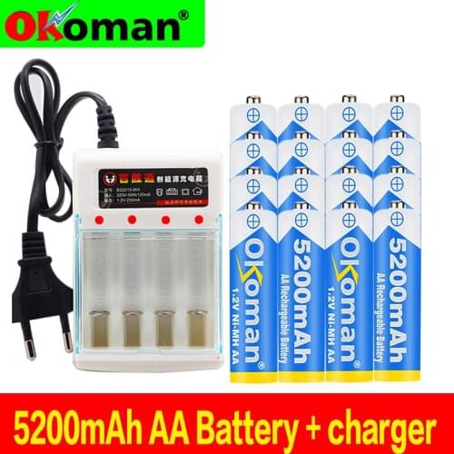 Figh Quality 1.2V 5200mAh NI MH AA Pre-Charged Ni-MH Rechargeable Aa Battery For Toys Camera Microphone Batteries + Charger