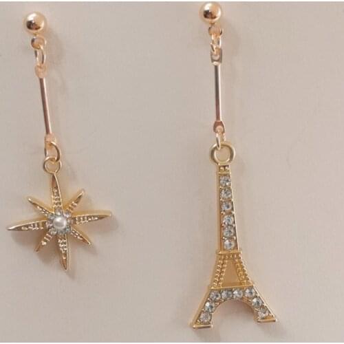 Classic Fashion Eiffel Tower Design Pendant Earrings Tower Seven-pointed Star Asymmetrical Earrings Jewelry Accessories