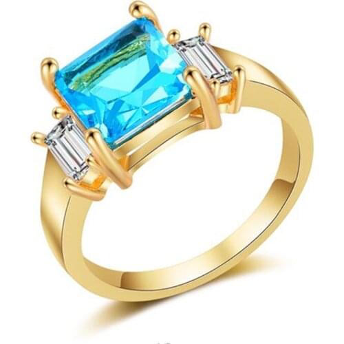 Gold Plated Square Sea Blue Zirconia Size 6/7/8/9/10 Rings Simple Fashion Temperament Womens Engagement Jewelry Ring Gift