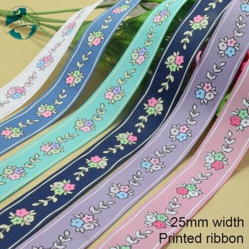 25mm width, flower printed ribbons Polyester Grosgrain ribbon, lace satin ribbons DIY hairbow accessories, gift package #3777