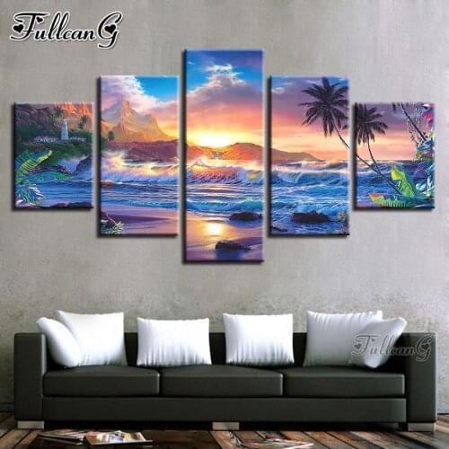 FULLCANG 5 piece diy diamond painting sunset nature sea landscape full mosaic cross stitch rhinestone embroidery kits FG0250