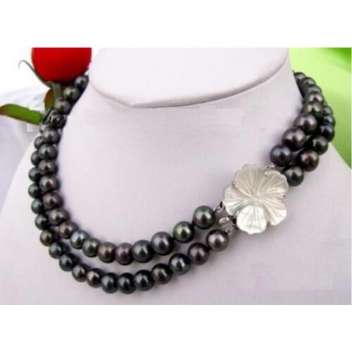 REAL 2 ROW AAA 9-10 MM SOUTH SEA BLACK NATURAL PEARL NECKLACE FLO