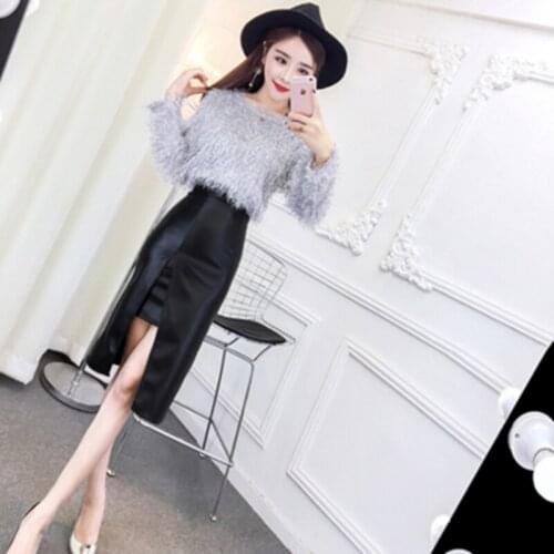 2021 Autumn and Winter New Womens Fashion Sexy Tassel Long Sleeves Tops PU Leather Skirt Two-piece Set Y401