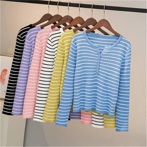 2021 Spring Autumn Fashion New Style V-Neck Long-Sleeved Loose Thin Striped Base Knitted Sweater Womens Top Trendy H202