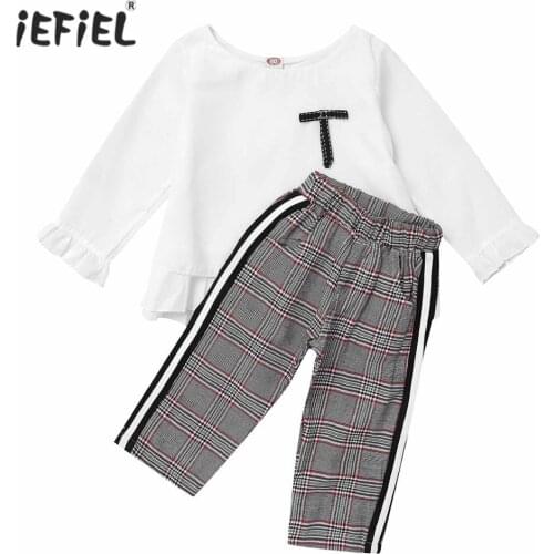 Infant Baby Girl Clothes Set Autumn Winter Cotton Long Sleeve Ruffle Hem Peplum Tops With Plaid Pants 2Pcs Toddler Girl Outfits