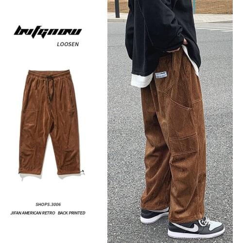 Autumn Corduroy Pants Mens Fashion Retro Casual Pants Men Streetwear Loose Hip-hop Pocket Cargo Pants Mens Overalls Large Size