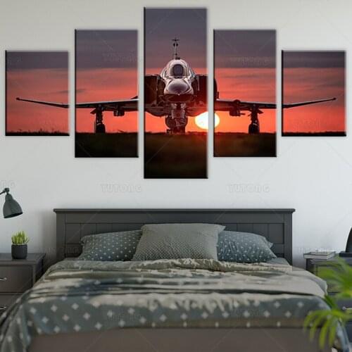 Printed Modular Picture Large Canvas Framework 5 Panel Sunset Aircraft Painting For Bedroom Living Room Home Wall Art Decor