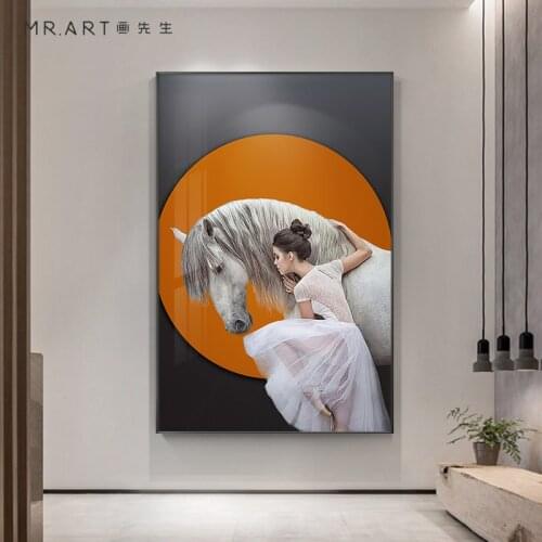 Wall Poster Print Beauty Dancer w White Horse Canvas Painting Modern Wall Art Figure Pictures for Living Room Home Decoration