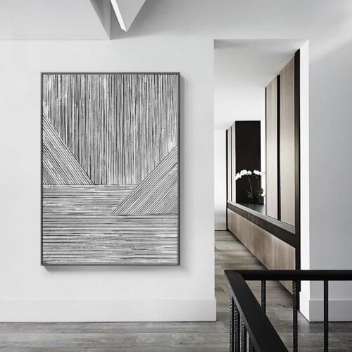 Simple modern abstract black and white geometric lines minimalist style dining room hallway mural poster decorative painting
