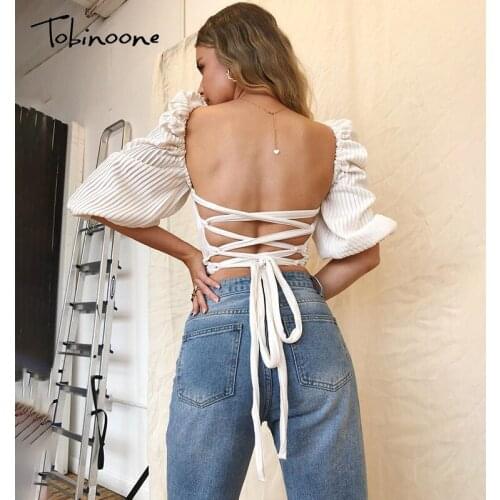 Tobinoone Solid Backless Women T Shirts Tie Lace Up Sexy Club Party Tops Female Square Collar Puff Sleeves Summer Overalls 2021