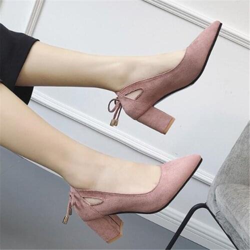 Women Pumps Heeled Shoes Women Flock Slip On 6CM Thick High Heels Pointed Toe Dress Sexy Party Wedding Butterfly-knot Shallow