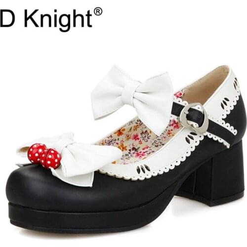 Girl Women High Heels Bowtie Pumps Low Square Heel Buckle Straps PU Leather Cosplay Maid Shoes Kawaii Princess Lolita Shoes XXXL