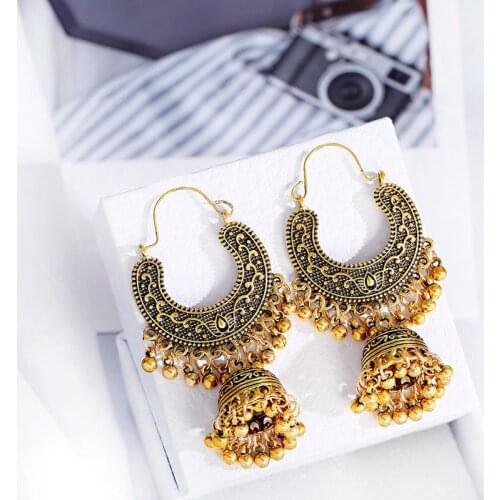 Vintage Gold Indian Jewelry Ethnic Geometry Statement Earrings For Women Big Gypsy Jhumka Drop Earrings