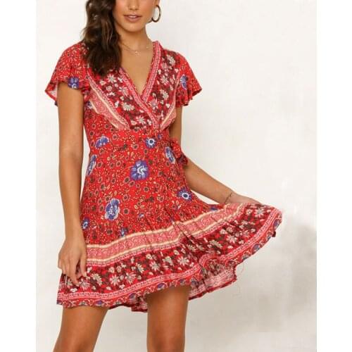 Women Short Sleeve Vintage Ruffle Floral Wrap Boho Dress Ladies V Neck Split Party Dress Summer Beach Sundress