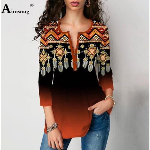 Plus Size 4xl 5xl Women Boho Print Tees Shirt Vintage 2020 Summer Tops Three Quarter Sleeve Casual Loose Female Buttons T-shirt
