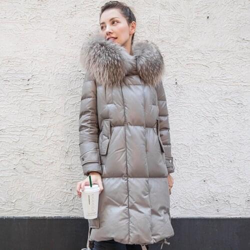 Natural Down Sheepskin Jacket New Winter Womens Genuine Sheepskin Leather Jackets Raccoon Fur Collar Hooded Warm Overcoats