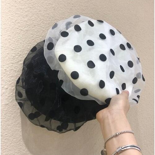 2021 New Fashion Black White Dot Mesh Sweet Lady Beret Cap Women Leisure Painter Hat Spring Summer Boina Baret Chapeu Feminino