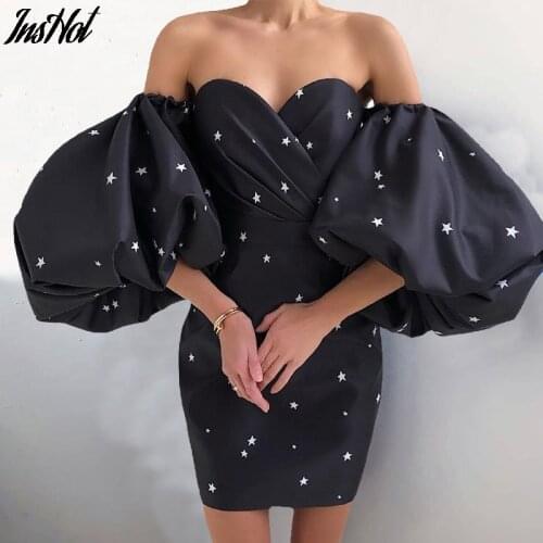 2021 Summer Women Sexy Off Shoulder Five Pointed Star Print Mini Dress Female Vintage Backless Lantern Sleeve Bodycon Dresses