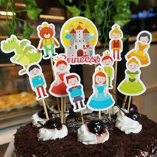11pcs Castle Princess Prince Flag Birthday Cake Decorating Card Kids Party Celebration Cupcake Topper Bamboo Stick