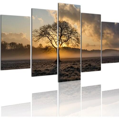 Tree at Sunset Landscape 5 Panels DIY Wood Frame Canvas Painting Posters Wall Art Print Picture Living Room Home Decoration