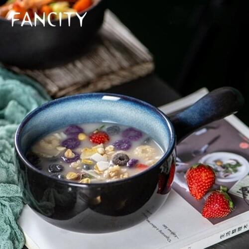FANCITY Ceramic bowl with handle single Japanese style simple and creative personality single handle microwave oven baked rice