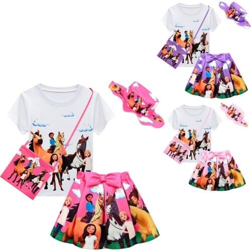 Spirit Riding Free Costume Kids T-shirt+skirt Bag Clothes Set Baby Girls Cartoon Outfit Children Summer Clothing Halloween Suit